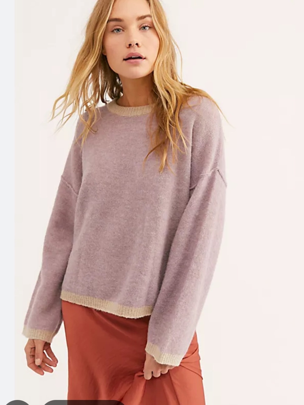 Free People Alpaca wool Mauve Sweater with Tan Trim